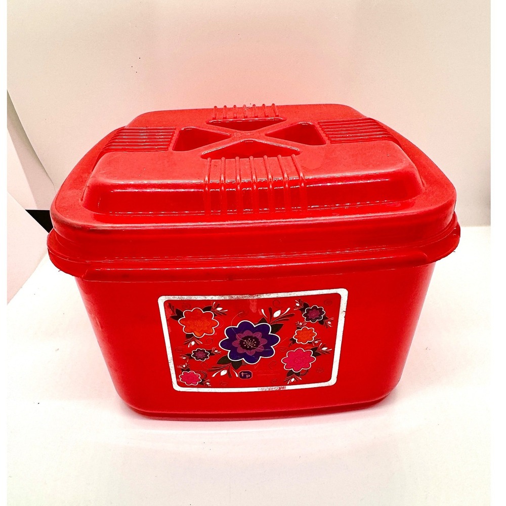 Vintage Torrent Plast Khatta Meetha Big Red Plastic Floral Storage Container